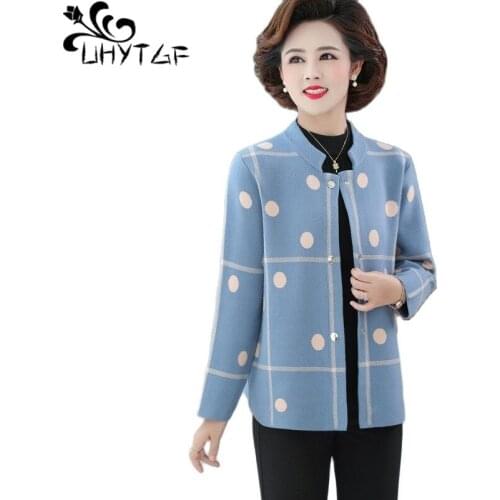 UHYTGF Middle-Aged Elderly Womens Autumn Jacket Single-Breasted Knitted Cardigan Female Coat O Neck 4XL Plus Size Outerwear 1800