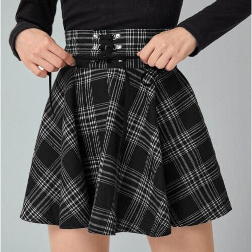 Spring Summer Women Skirts 2021 High Waist Korean Style Pleated Skirts for Girls Retro Punk Ladies Mini Plaid Lace Up Skirt
