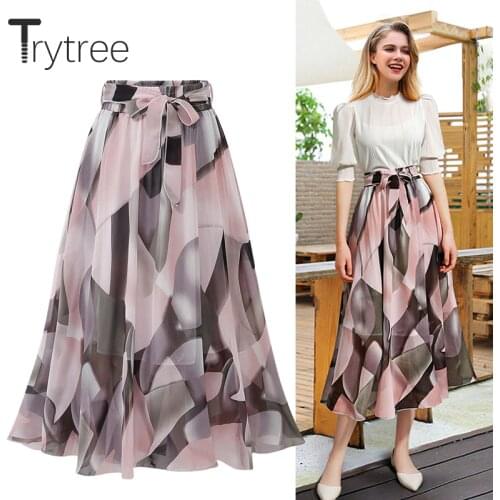 Trytree summer Autumn women Print skirt Casual Polyester Chiffon Elastic Waist Bow Sashes Skirt Fashion A-line Mid-Calf skirts