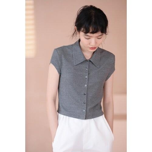 21 summer new small point Lapel temperament slim thick needle thin knitting cardigan short sleeve T-shirt girl 0626-10