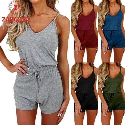 Women Summer Solid Color Polysuits for Streetwear Drawstring Design Sling Sleeveless Backless V-Neck Mid Waist Casual Jumpsuits