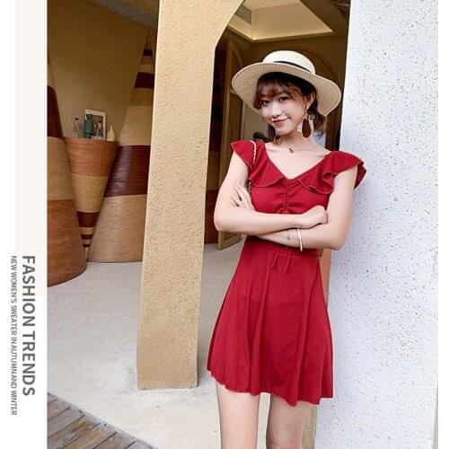 Women One-piece Swimsuit Female Solid Color Ruffles Swim Dress Sexy Bikini Hollow Out Drawstring Swimwear