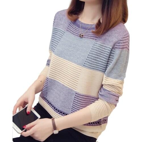 Women Pullover Sweater Autumn Contrast color Hollow Knitted Sweater Ladies Long Sleeve Jumper Female Loose Sweater Knitwear P97