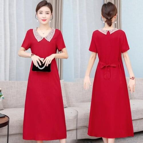 Large size 6XL V-neck cotton dress womens summer Short sleeve dresses 2021 new loose mother fashion casual dress