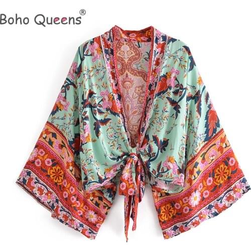 Boho Queens Floral Print Sashes short Kimono Women New Fashion V Neck batwing Sleeves Ladies Blouses Casual Blusas