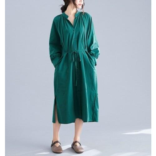 Johnature 2021 Summer Casual Women Loose Tie Solid Color Shirt Dresses New Korean V-neck Single-breasted Pockets Female Dress