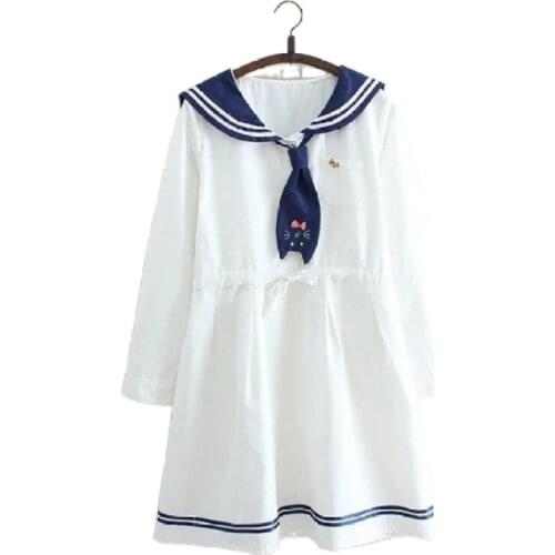 Mori Girl Style Spring Autumn Womens Dress Sailor Collar Cute Cat Tie Pocket Long Sleeve Cotton Linen Dresses For Girls 2041828