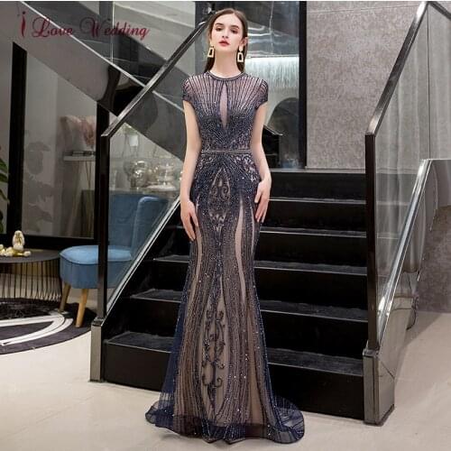 Dubai Luxury Cap Sleeves Evening Dresses Full Diamond Navy Blue Mermaid Women Formal Party Gowns 2021 robe de soiree