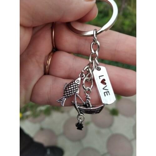 2021 New Fashion Fisherman Boat Love Fishing Keychain 30mm Stainless Steel Key Ring Keychain Jewelry Man Gift