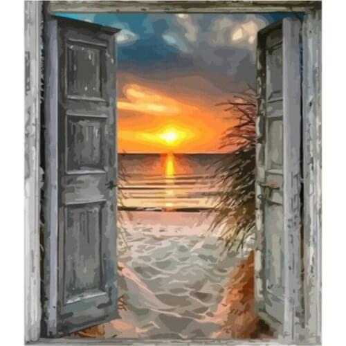 40x50cm Frame Painting By Numbers For Adults Handmade DIY Framed Front Door Beach Scenery Paint By Number Arts