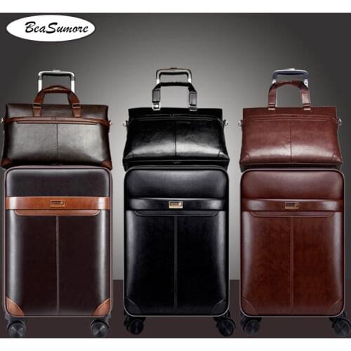 BeaSumore Men Business PU Leather Rolling Luggage Set Spinner 24 inch Retro Wheel Suitcases 20 inch Cabin password Trolley