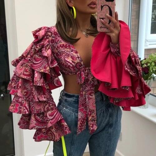 Fandy Lokar Summer V Neck Tshirts Women Fashion High Waisted Tops Women Elegant Butterfly Sleeve Printed Tees Female Ladies