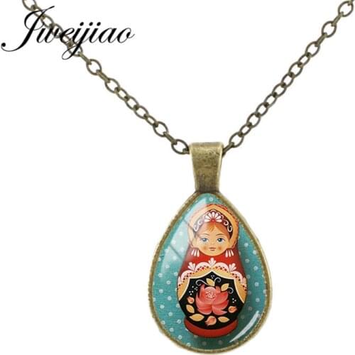 JWEIJIAO Classic Matryoshka Dolls Tear Drop Necklace Glass Cabochon Japan Russian Nesting Doll Water Drop Pendant Charm JN17