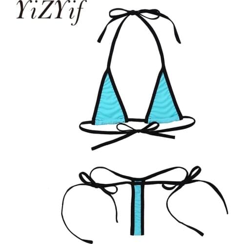 2Pcs Women Wild Style Minimal Cover Micro Bikini Swimsuit Set Halter Neck Self-tie Bra Top with G-String Briefs Underwear