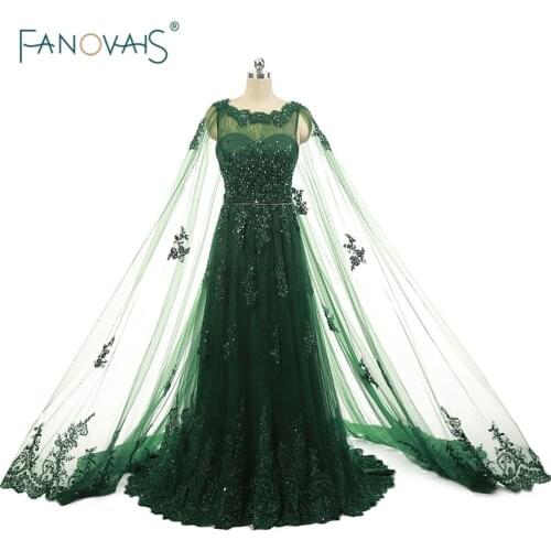 Real Photo Green Evening Dresses with Cape 2019 Caftan Dubai Vestido de Fiesta Beaded Lace Evening Gown Long Dress Formal ASAE29