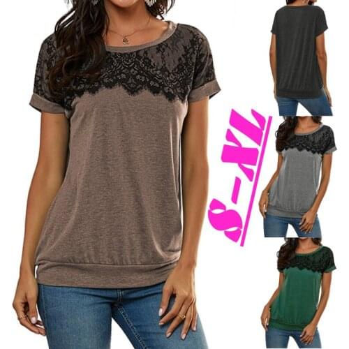 Summer Lace Shirts Womens T-Shirts Casual Solid Color Shirts Round Neck Short Sleeve Stitching Casual T-shirt Ladies Fashion