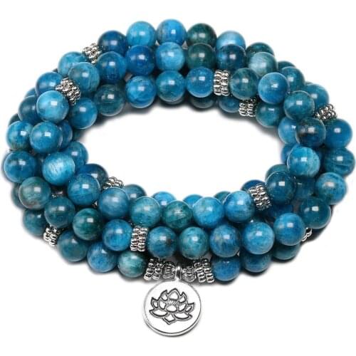 Mala Bracelets Revelation In Natural Apatite 8MM 108 Beads Bracelets Yoga Meditation Lotus Pendant Charm Jewelry