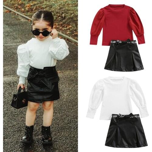 1-5Y Fashion Auutmn Toddler Kids Baby Girls Clothes Solid Puff Sleeve Knitted Sweatshirts+Letter Print PU Leather Skirts Outfits