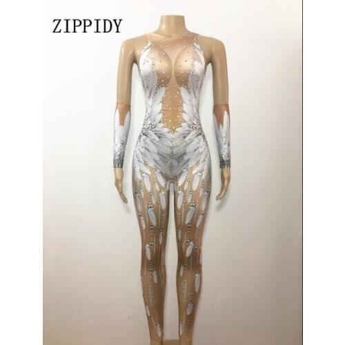 Fashion Sexy Stretch White Feather Printed Bodysuit Wings Angel Jumpsuit Nigthclub Singer Dance Outfit Stage Rompers