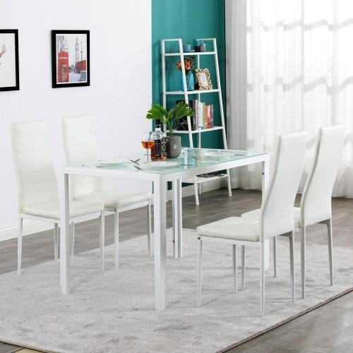 120 x 70 x 75)cm 5 Piece Dining Table Set GlassTable and 4 Leather Chair for Kitchen Dining White US Warehouse In Stock