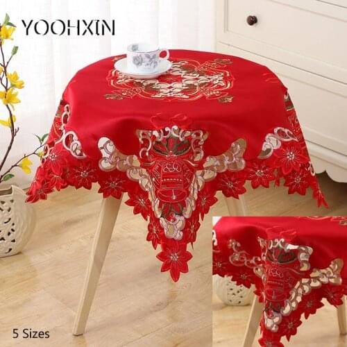 NEW satin Lace red Christmas Embroidered table cover cloth towel kitchen tablecloth party birthday decor