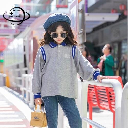 5-16y Kids Polo Shirts Spring Autumn Girls Tops Tees Long Sleeve Patchwork Breathable Gray Loose Casual Children Clothes Hy40