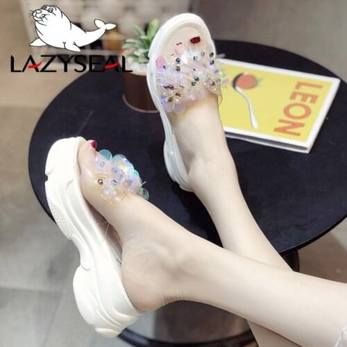 LazySeal Transparent Bling Platform Slippers Women New Summer Shoes With Crystal Diamonds Wedge Ladies Flip Flops Woman Slides