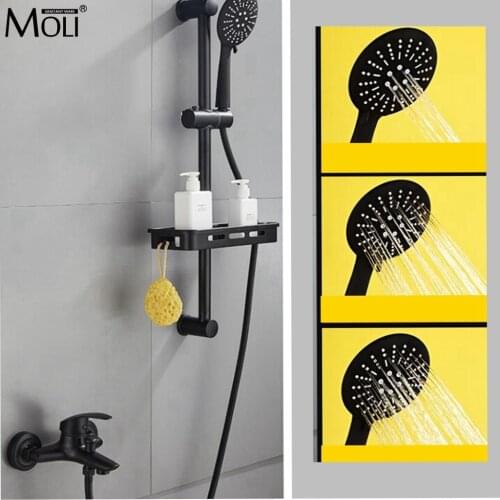 Bath Shower Faucet with Sliding Bar Bath Shower Set Bathtub Faucet Black Hot and Cold Water Mixer with Soap Basket MLB501B