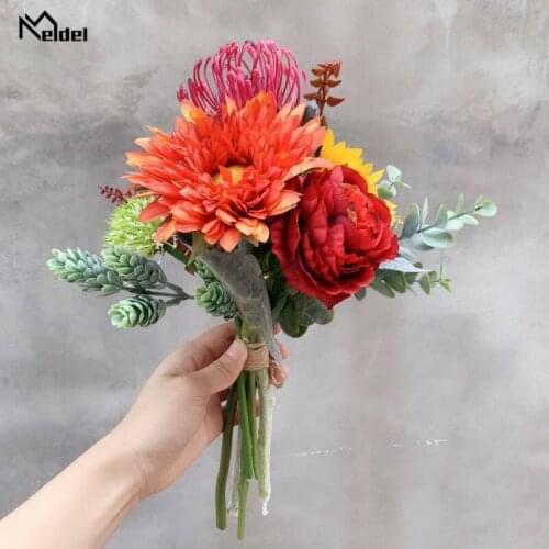 Meldel Special Designed Orange Yellow Sunflower Wedding Bouquets Artificial Silk Sunflowers DIY Home Decoration Flower Bouquets