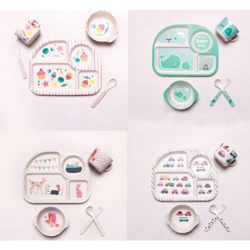 5Pcs/Sets Baby Bamboo Fiber Plate Children Tableware Dish Bowl Fork Spoon Cup Baby Food Feeding Dinnerware Prato Infantil Plate