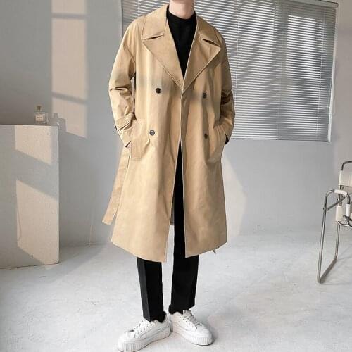 Khaki Black Trench Coat Men Fashion Casual Long Coat Men Streetwear Korean Loose Windbreaker Jacket Mens Oversize Overcoat M-2XL