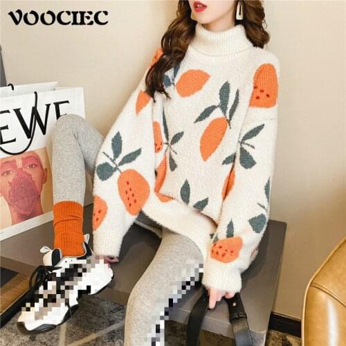VOOCIEC Warm sweater in autumn and winter Lovely girl sweater Loose fit Fruit design long sleeve knit top women