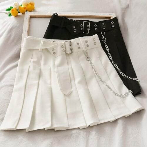Gothic Women Mini Belt Chain Skirt Casual Pleated Ladies Korean Summer High Waist A-Line Solid Skirts Safari Style Streetwear