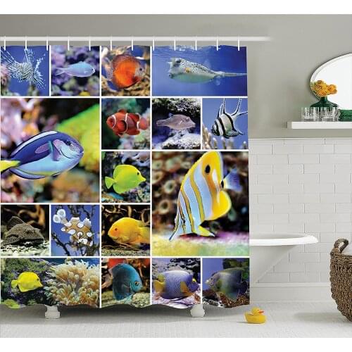 Ocean Shower Curtain Collage of Underwater Photos with Collection of Tropical Fishes Decorating Art Print Bath Curtains