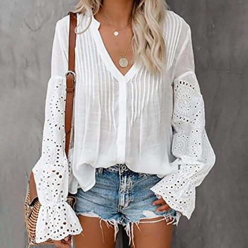 Women Striped Hollowed Out Blouse Deep V-Neck Patchwork Single Breasted Elastic Long Flare Sleeves Loose Shirt