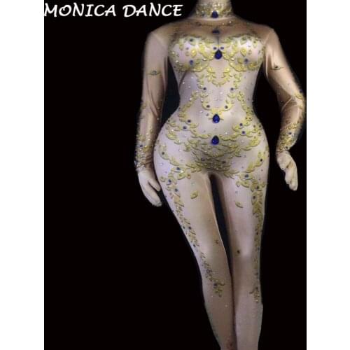 Women Sexy Gold Leaves Printing Jumpsuit Sparkly Nude Leggings Pants Rompers Singer Prom Costume Bar Pole Dancing Stage Wear