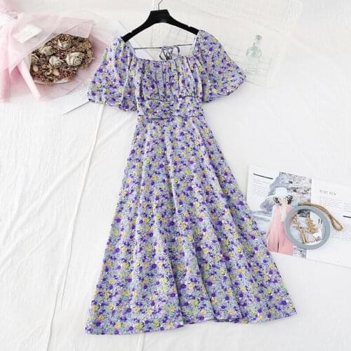 Purple Print Floral Dress Women Puff sleeves Square Neck Party Chiffon Midi Dress 2020 Summer Casual Beach Bandage Dresses