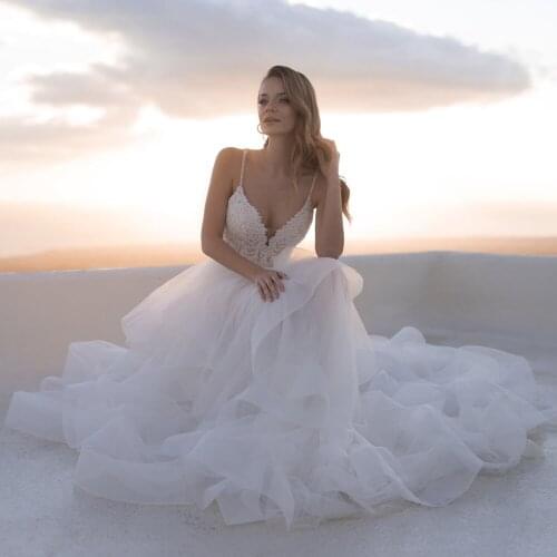 Sexy Deep V neck Boho A Line Wedding Dress 2021 Beach Appliques Beading Spaghetti Straps Vestido De Noiva White Bridal Gowns