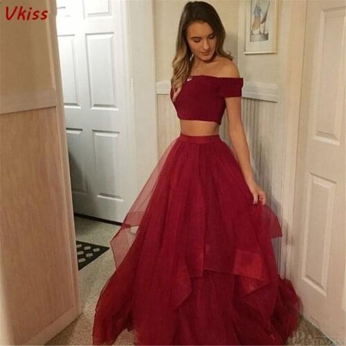 Wine Red Two Pieces Maxi Prom Dresses 2020 Off The Shoulder Robes For Women Party Night Vestidos Robe Elegant Long Evening Gowns