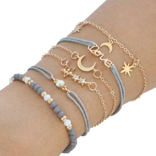 6PCS/Set Boho Jewelry Shell Star Moon love Heart Natural Stone Beads Chains Bangle Bohemian Bracelet Set For Women