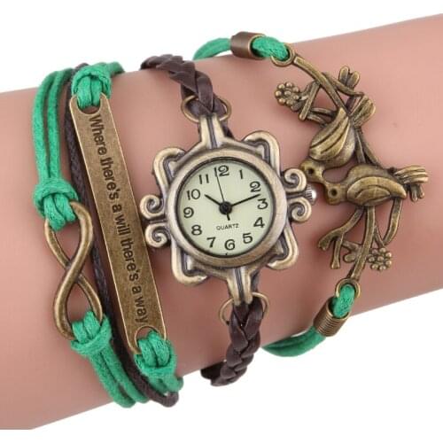 Gnova Platinum Top Birds Bracelet Handmade Watch Sueded Leather Bronze Dove Charm Women Girl Fashion Paracord Wristwatch A638