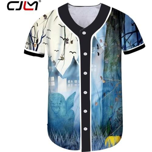 CJLM Autumn New Style Mens Halloween Creative Baseball Shirt 3D Printed Bat Pumpkin Personality Tshirt Big Size 5XL