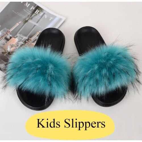Kids Faux Fur Slippers Child Home Comfortable Soft Flat Bedroom Slippers Girls Cute Flips Flops Open Toe Fur Slides