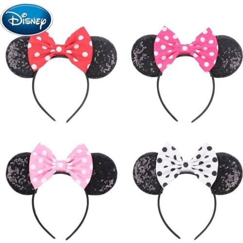 Disney 1pcs GIrl Bow Sequins Mouse Ears Polka Dot Hair Band Bowknot Mickey Hair Band Childrens Hair Accessories
