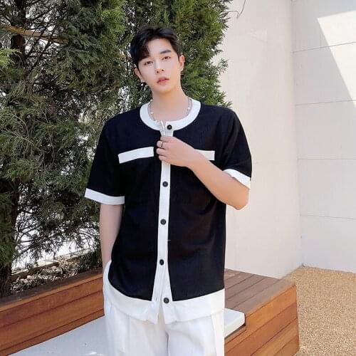Mens Fashion Summer Short Sleeve Color Matching O-neck Youth Casual T-Shirt Black White C10