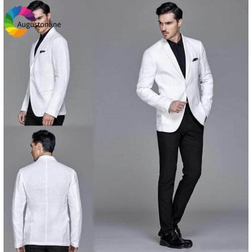 Summer Classic White Linen Mens Suits Black Pants Blazer Jacket Custom Made Terno Masculino Slim Fit Groom Tuxedos Costume Homme