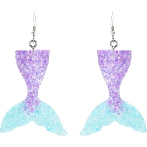 Korean Fashion Shiny Mermaid Tail Pendant Long Earrings Cute Elegant Charm Acrylic Fish Tail Earring for Women Jewelry Wholesale
