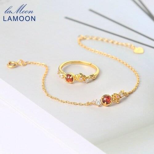 LAMOON 925 Sterling Silver Jewelry Set For Women Garnet Rose Flower Bracelet Ring Set 14K Gold Plated Fine Jewelry LMV070