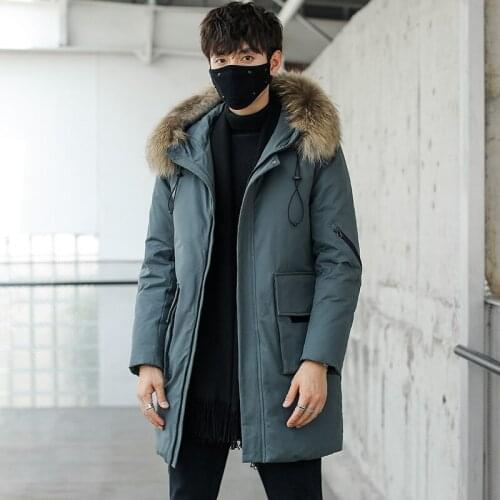 Mens Down Jacket Warm White Duck Down Long Male Clothing Genuine Fur Collar Winter Trendy Hooded Coat