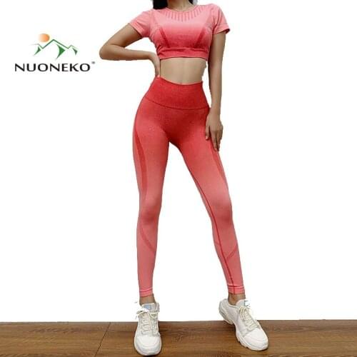 NUONEKO Women Yoga Two Piece Crop Top Sleeves Gym Clothes Sports Bra Seamless Leggings Running Fitness Sportswear Woman NT032